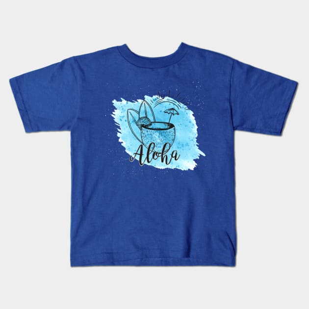 Hawaiian Aloha with Surfboards and Coconut Kids T-Shirt by bluerockproducts